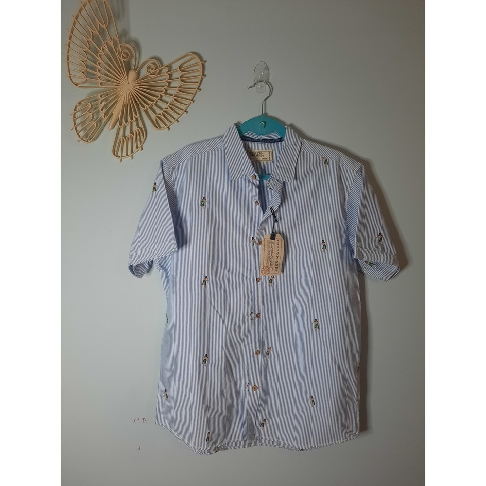 Free Planet Mens Hula Girl Embroidered Striped Button Down Shirt Blue Large NEW